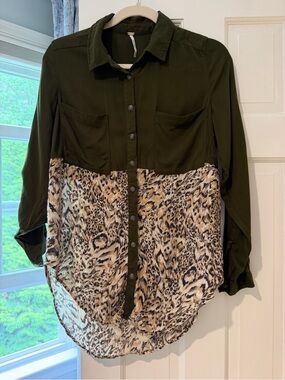 Free People Olive Green and Leopard Print Button-Down Shirt